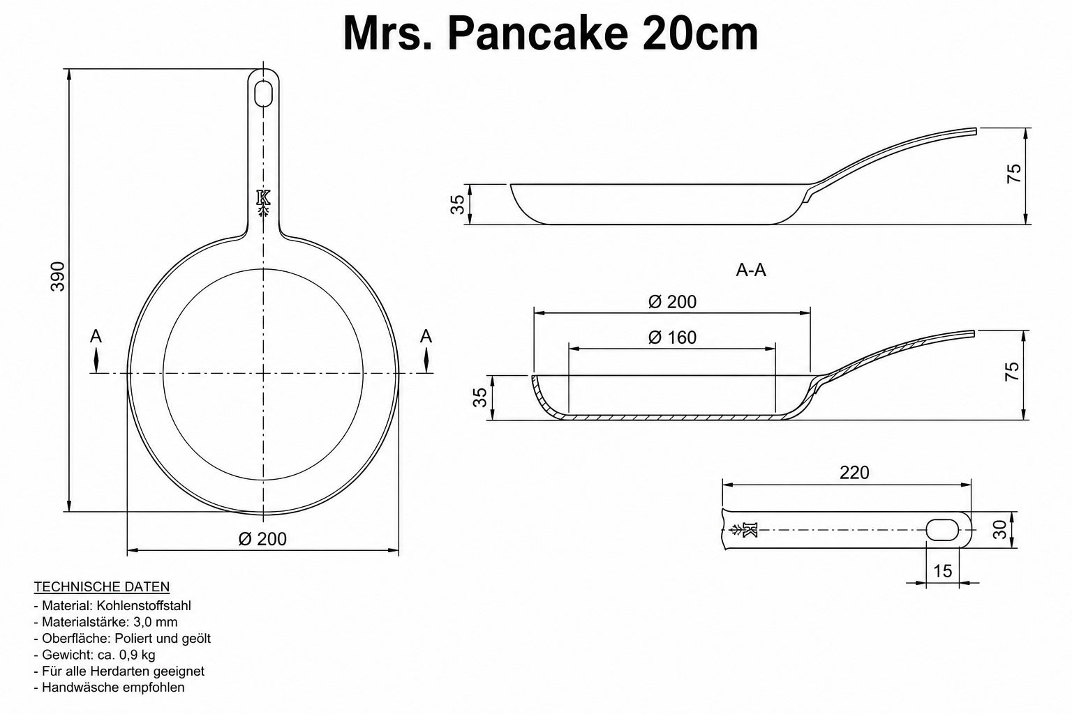 Technische Zeichnung Mrs. Pancake 20 cm